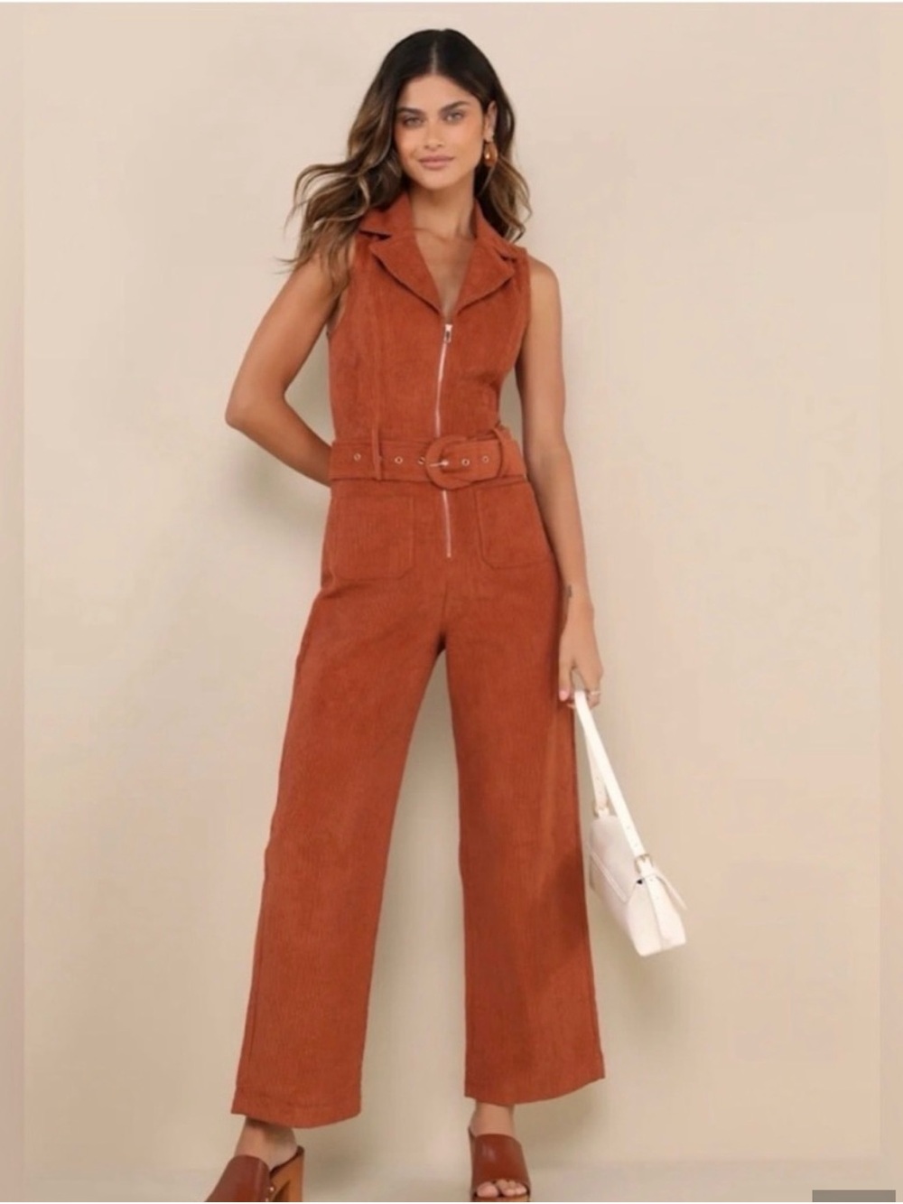 Lulu's Rust Corduroy Sleeveless Belted Jumpsuit XS
